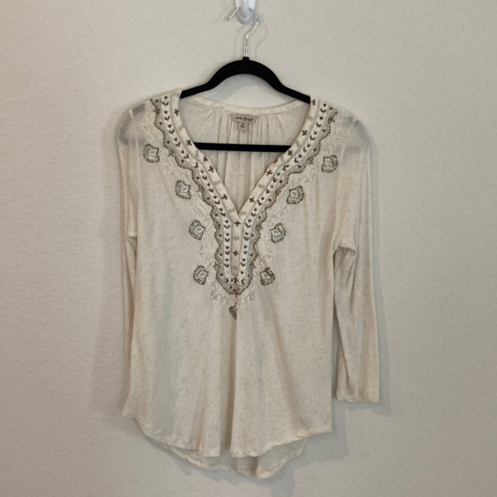 Lucky Brand Cream Long Sleeve Embellished Top